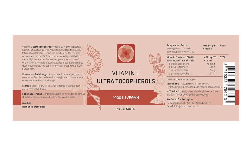 Procapsin Vitamin E IU Ultra Tocopherol 1000 IU Vegan All 4 Tocopherols 60 Caps