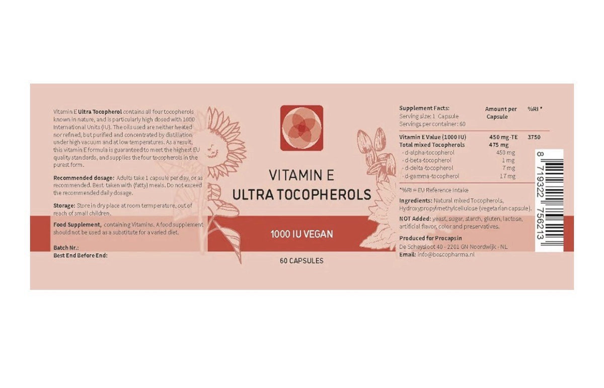 Procapsin Vitamin E IU Ultra Tocopherol 1000 IU Vegan All 4 Tocopherols 60 Caps