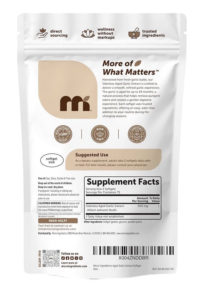 Micro Ingredients Aged Garlic Extract Odorless  2 Years Aged 150 Softgels