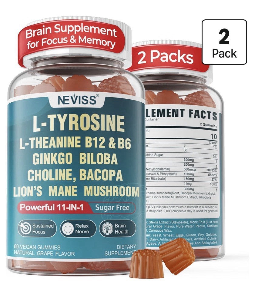 Neviss L-Tyrosine Gummies L-Theanine B12 B6 Brain Health Focus 2 Pack Gummies