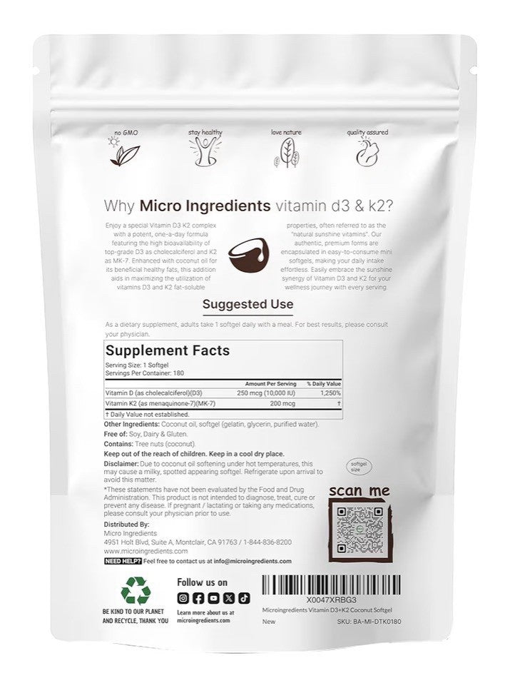 Micro Ingredients Vitamin D3 + K2 MK-7 10,000 IU D3 Per Serving 180 Softgels