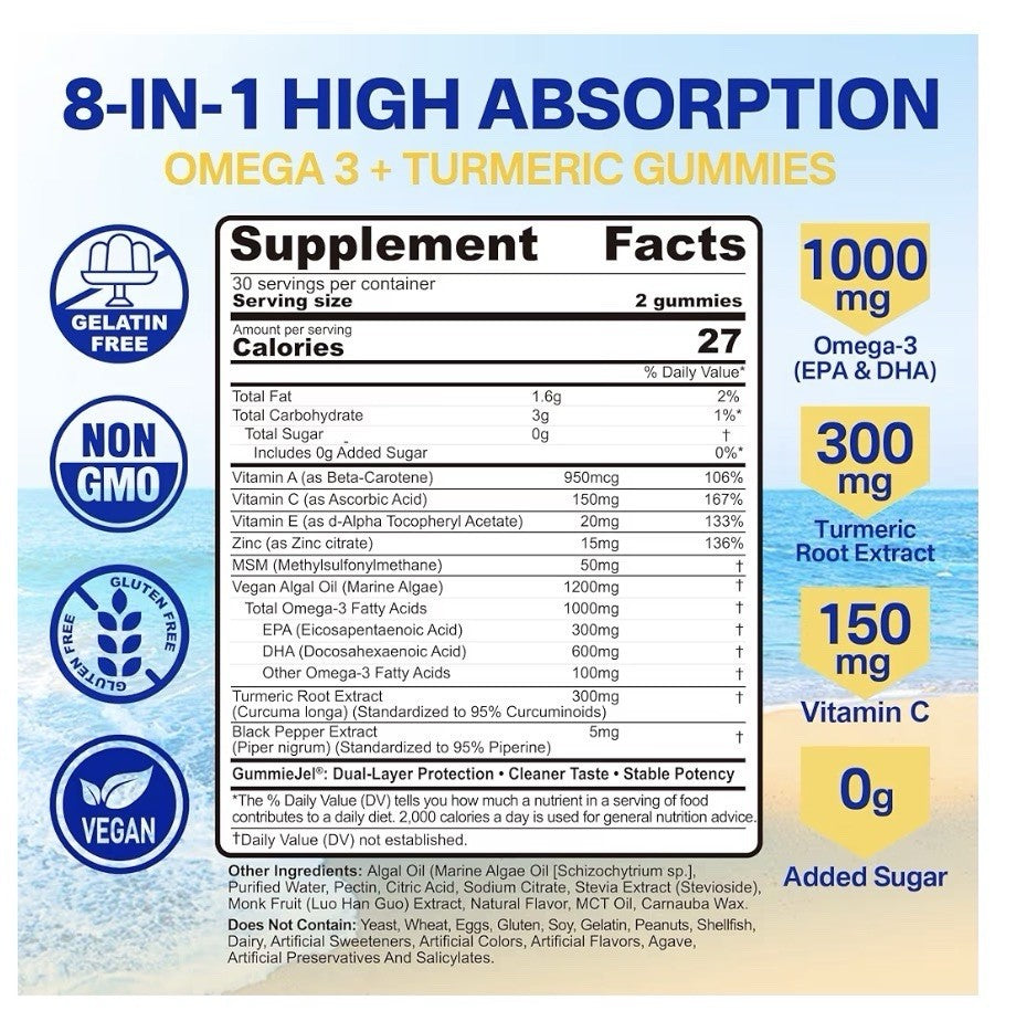 Nextdia Omega-3 Gummies 1000mg + Turmeric EPA + DHA From Algae Oil 2 Pack