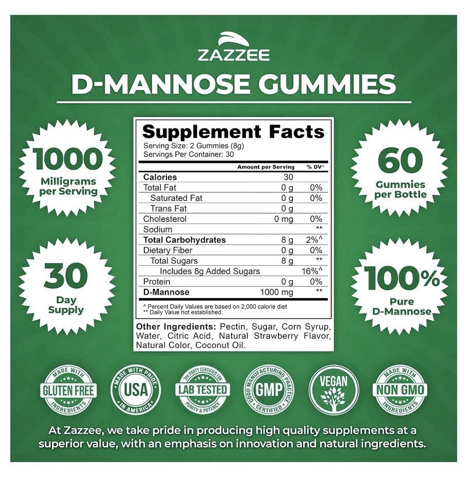 Zazzee D-Mannose Gummies Healthy Urinary Tract Support 60 Gummies