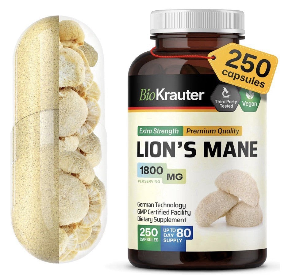BIO KRAUTER Lion’s Mane 1800 MG  Focus Support & Brain Health 250 Capsules