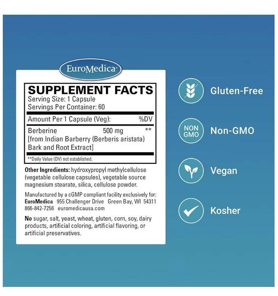 EuroMedica Berberine 500 mg Metabolic Support Brain Liver Health 60 Capsules