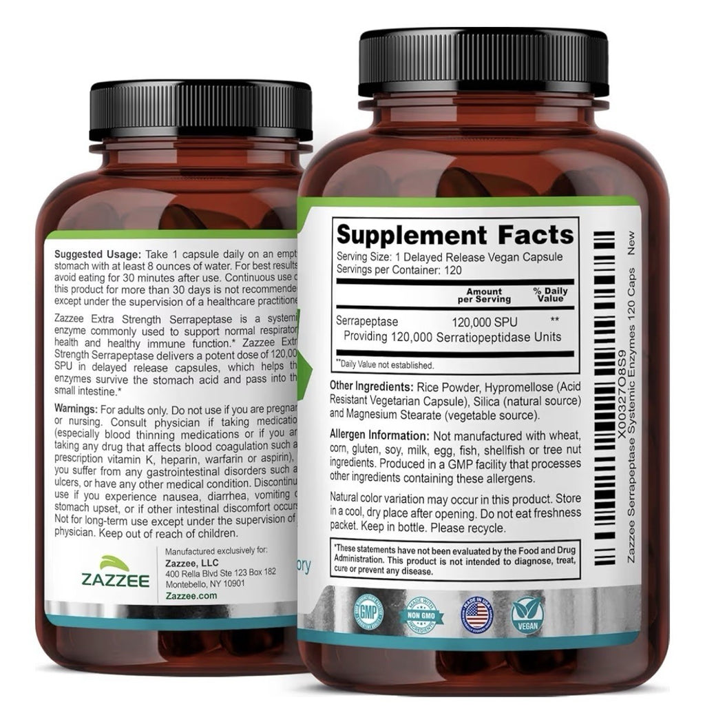 Zazzee Serrapeptase Systemic Enzymes Immune Repiratory Health 4Month Supply 120c