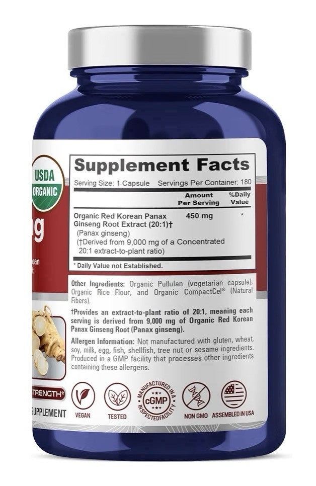 NusaPure Organic Red Korean Panax Ginseng 450mg 180 Veg Capsules 180 Servings