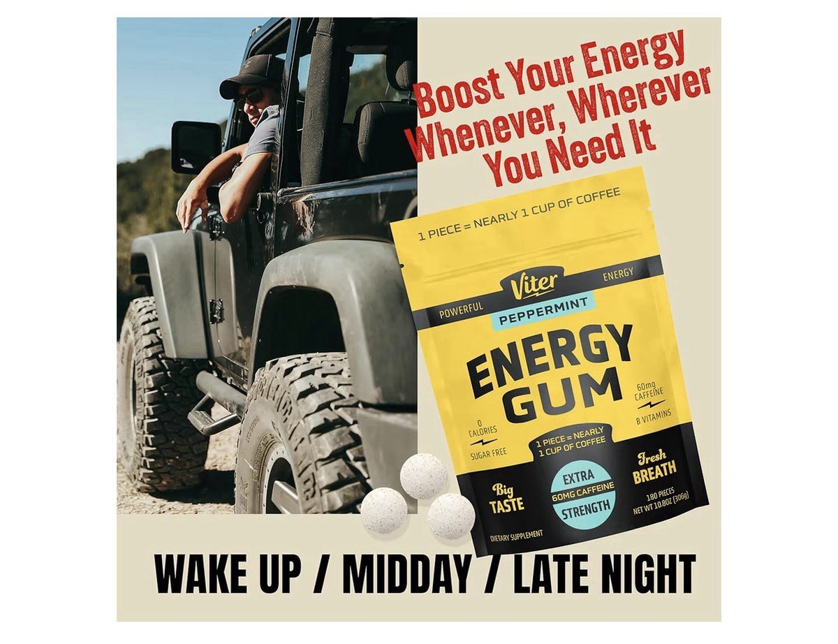 Viter Energy Gum Peppermint Vitamin B3 B6 B9 B12 Caffeinated Total 180 Pieces