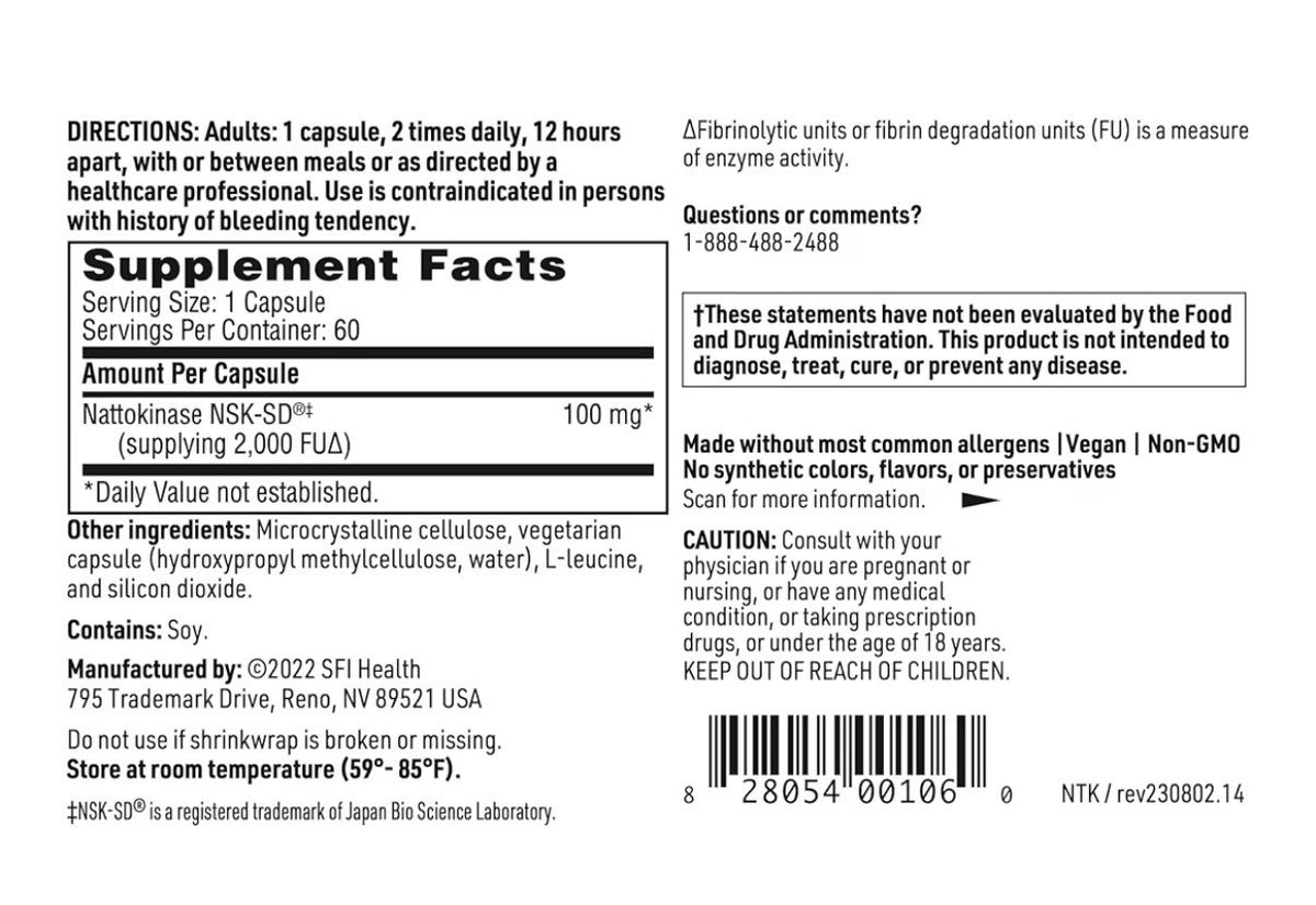 SFI Health Nattokinase NSK-SD Supports Health Blood Flow Cardiovascular 60 Caps