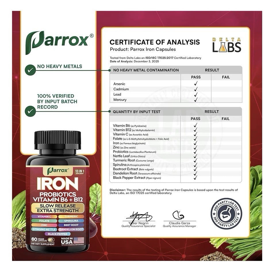 Parrox Iron Probiotics Vitamins B6 + B12 Supplement Extra Strength 60 Capsules