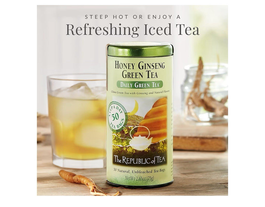 The Republic of Tea Honey Ginseng Green Tea 50 Tea Bags Tin Flavored Caffeinated