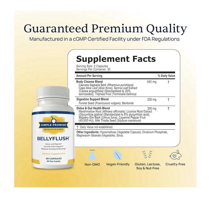Simple Promise BellyFlush Colon Gut Cleanse Detox Bloating Supplement 60capsules
