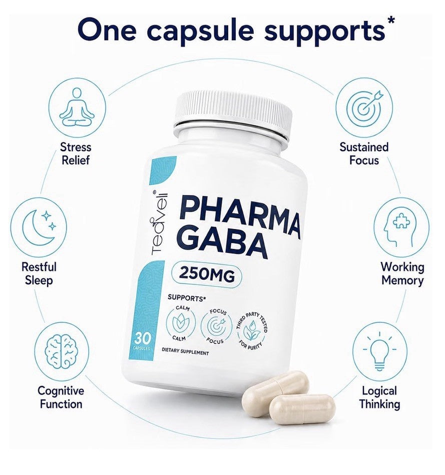 Teaveli Pharma GABA 250mg Calm Relaxation Focus Sleep Fermented GABA 30 Capsules