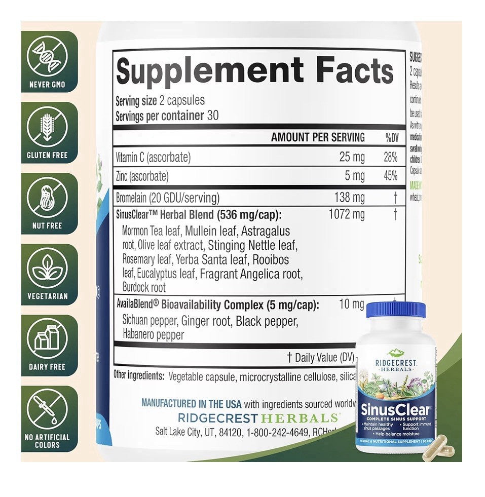 RidgeCrest Herbals SinusClear Respiratory Support Healthy Sinus Passages 60 Caps