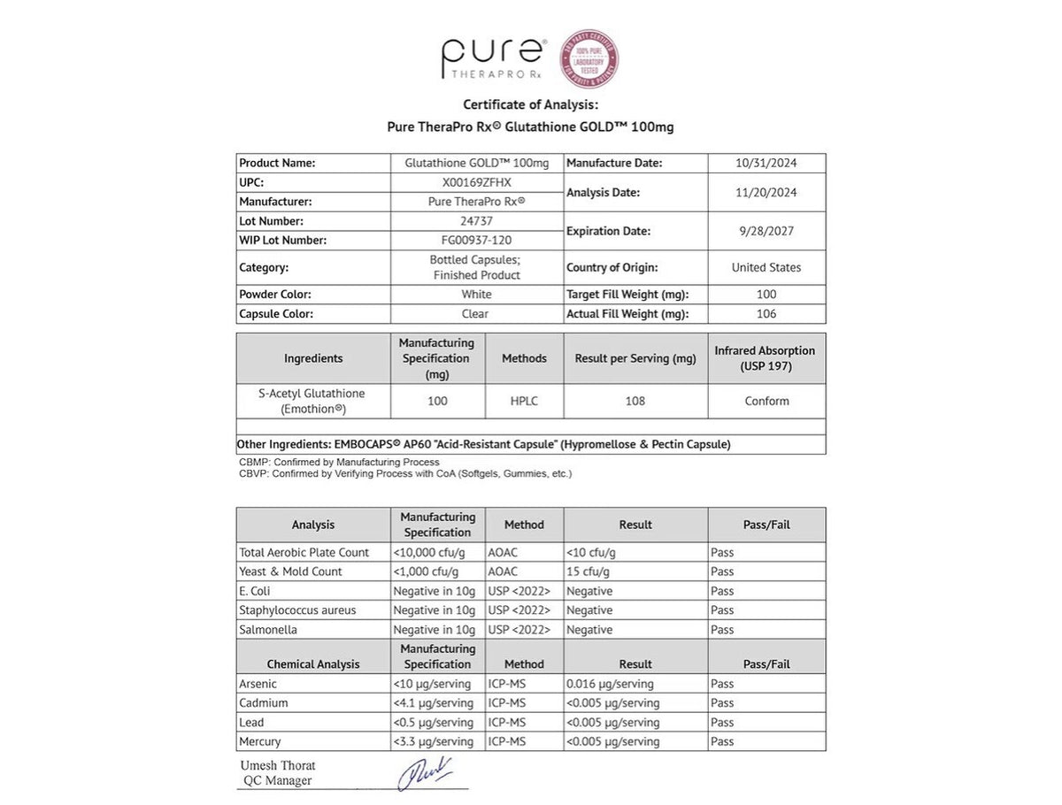 Pure Therapro Rx S-Acety Glutathione Gold 100 mg 4 Month Supply 120 Capsules