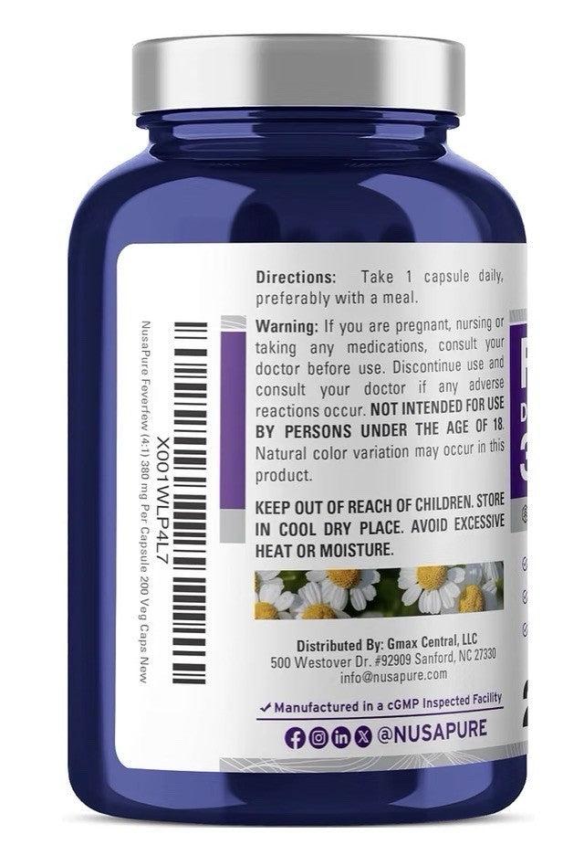 NusaPure Feverfew 380mg Per Serving 200 Veg Capsules 200 Servings