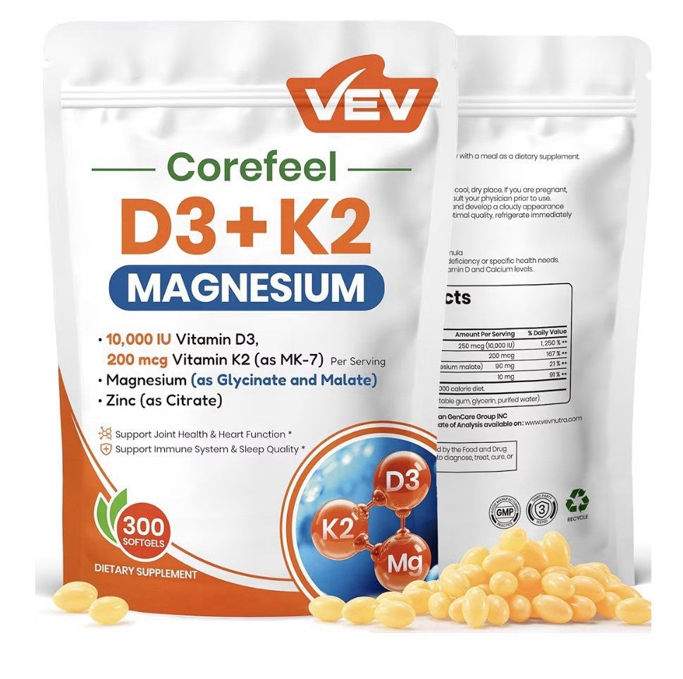 VEV Corefeel Vitamin D3 + K2 Magnesium Zinc Joints Heart Immune Support 300sgels