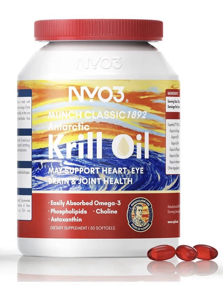NYO3 Krill Oil Omega 3 Supplement 1000mg EPA DHA Pure Antarctic Krill 30 Softgel