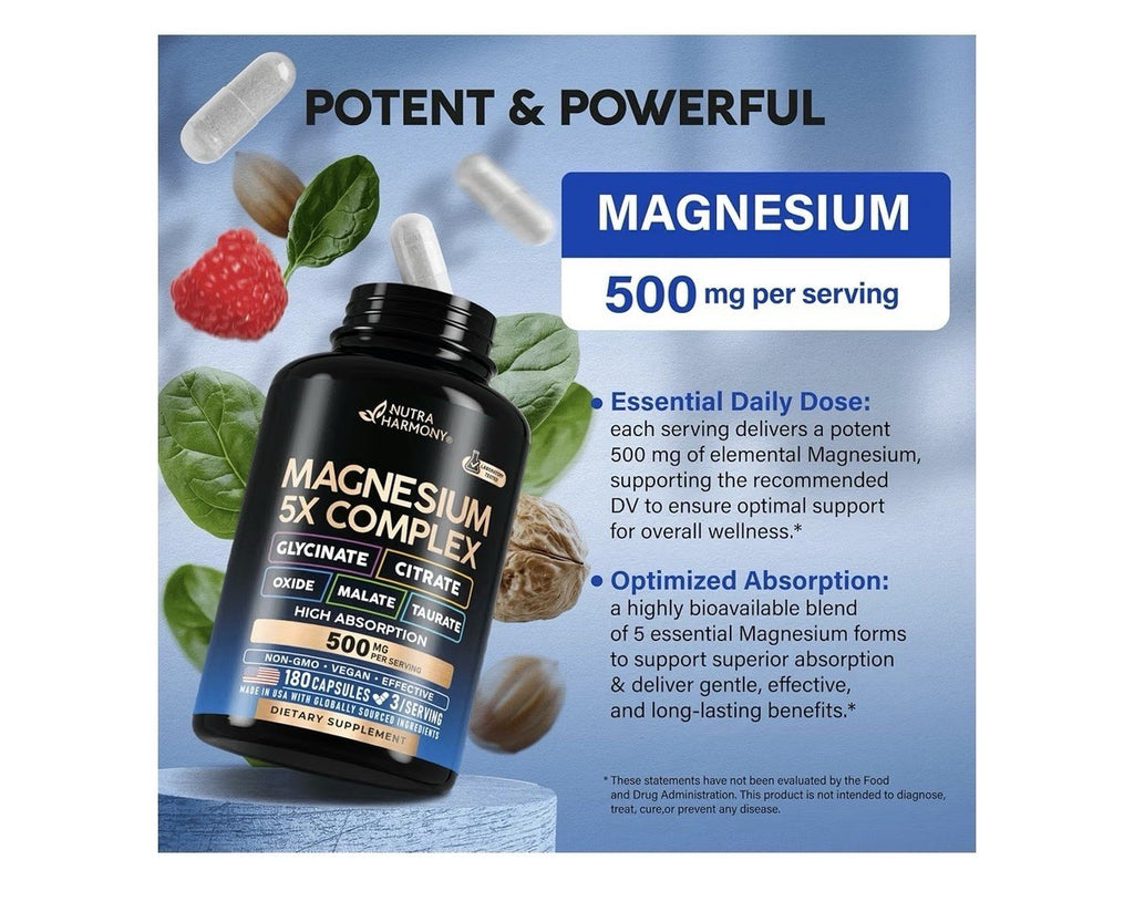 NUTRAHARMONY Magnesium 5x Complex 500mg High Absorption Supplement 180 Capsules
