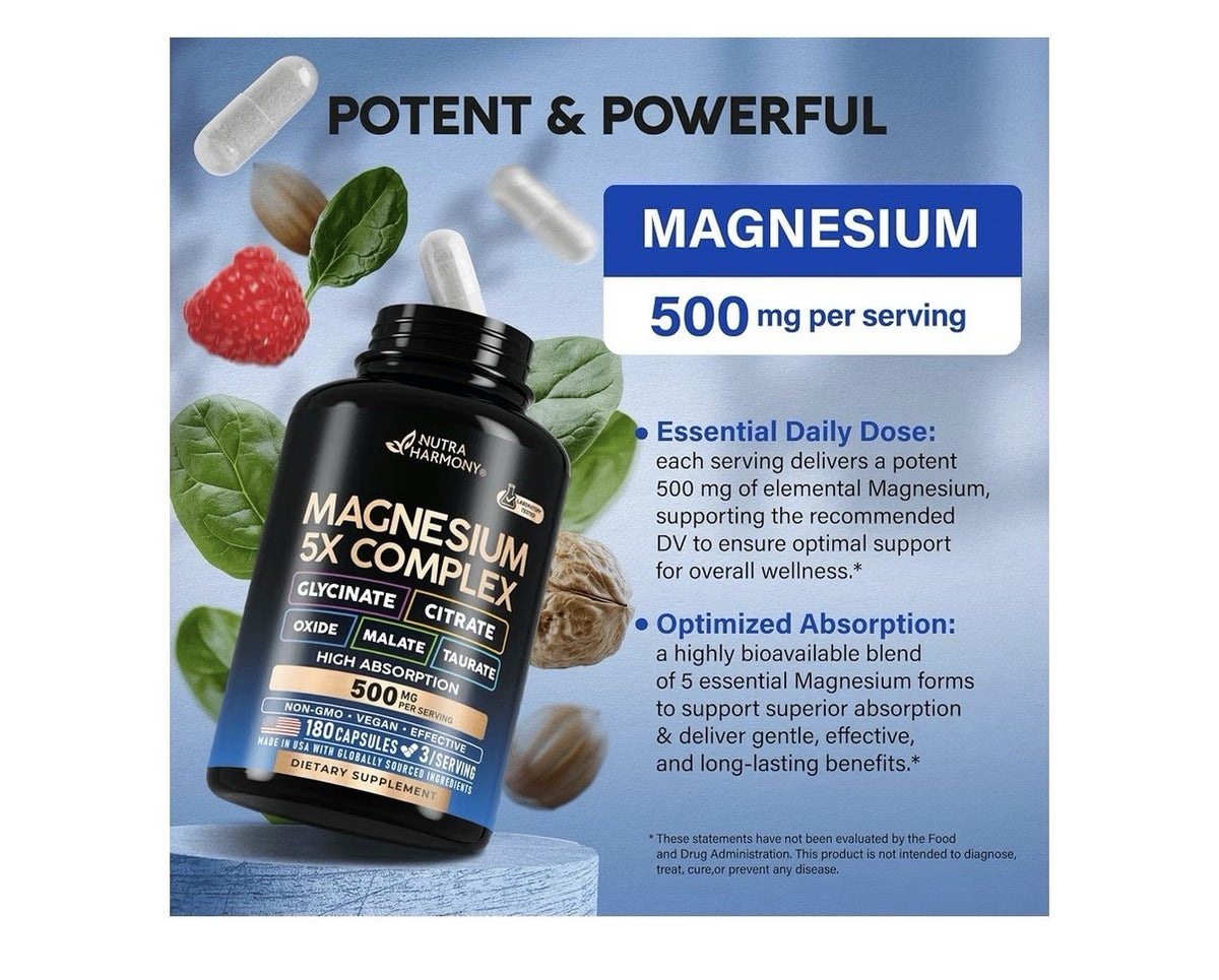 NUTRAHARMONY Magnesium 5x Complex 500mg High Absorption Supplement 180 Capsules