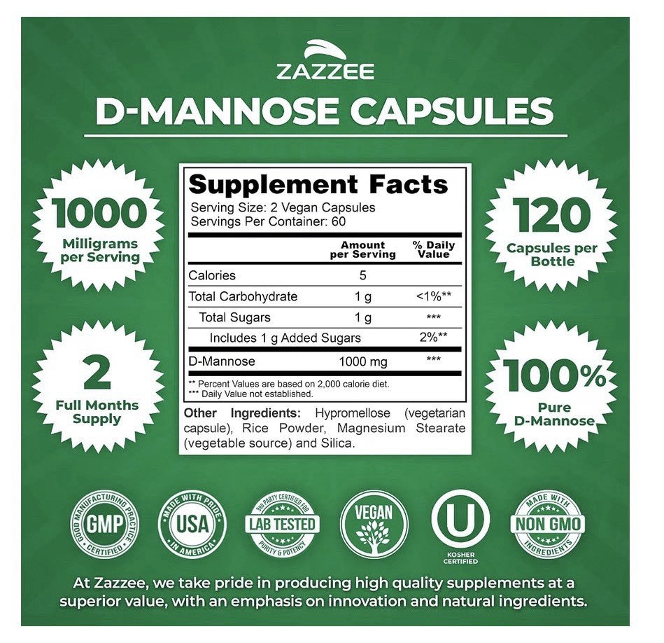 Zazzee D-Mannose Healthy Urinary Tract Support 2 Month Supply 120 Capsules