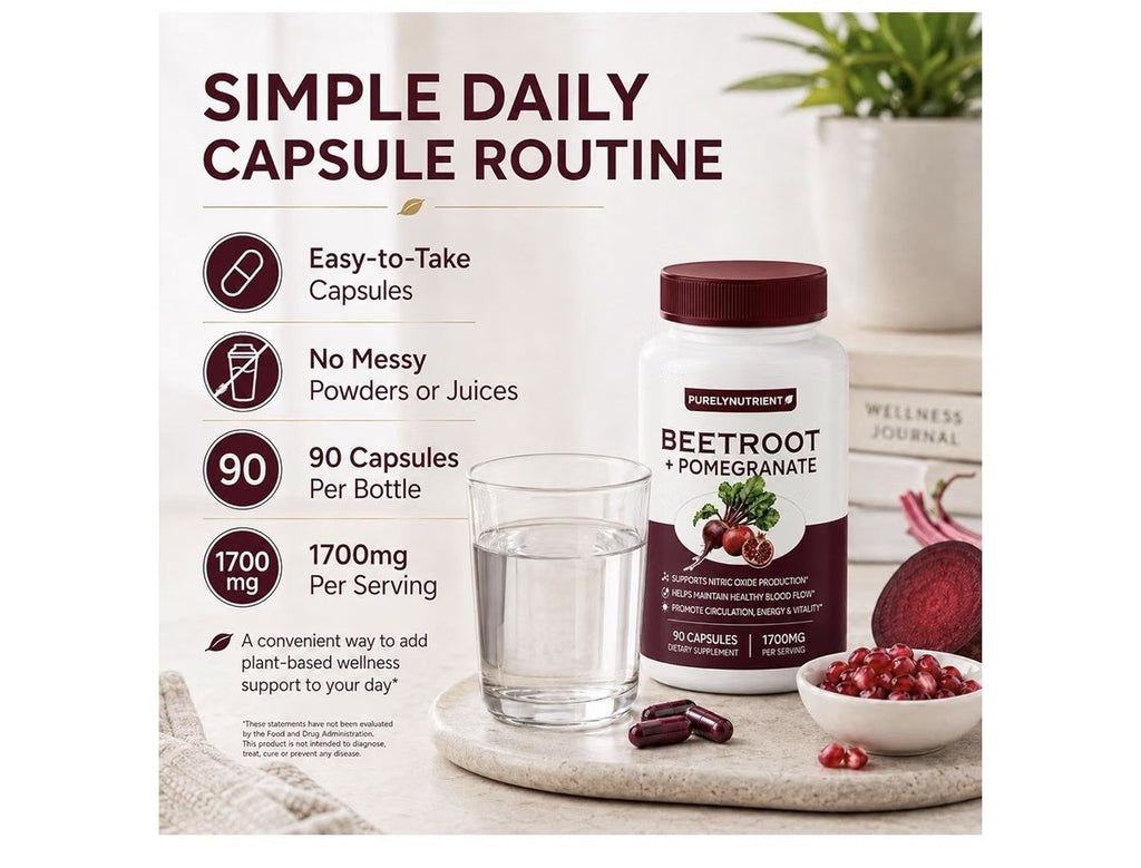 PURELYNUTRIENT Beetroot + Pomegranate Nitric Oxide Blood Flow Support 90 Capsule