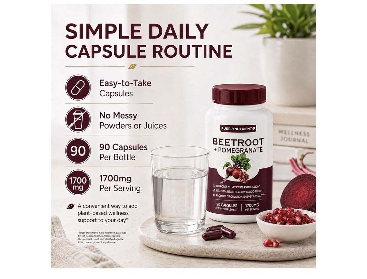 PURELYNUTRIENT Beetroot + Pomegranate Nitric Oxide Blood Flow Support 90 Capsule