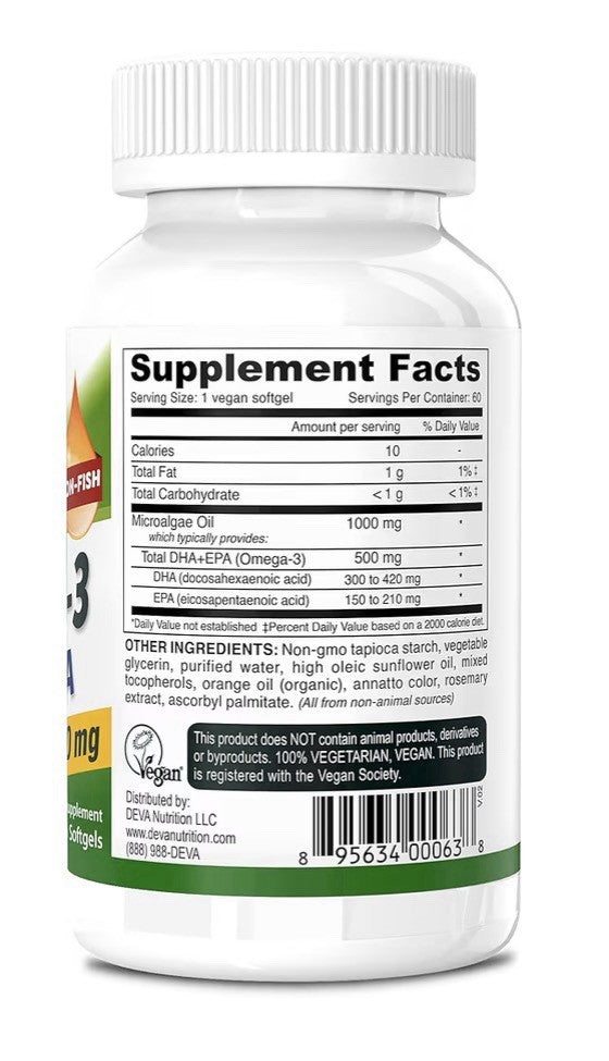 DEVA Vegan Omega-3 DHA-EPA 500MG No Carrageenan Non-Fish Oil 60 Vegan Softgels