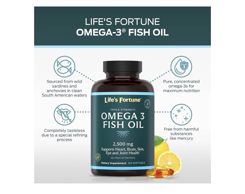 Life's Fortune Omega 3 Fish Oil 2500 mg Heart Brain Skin Eye Joint Health 120sg