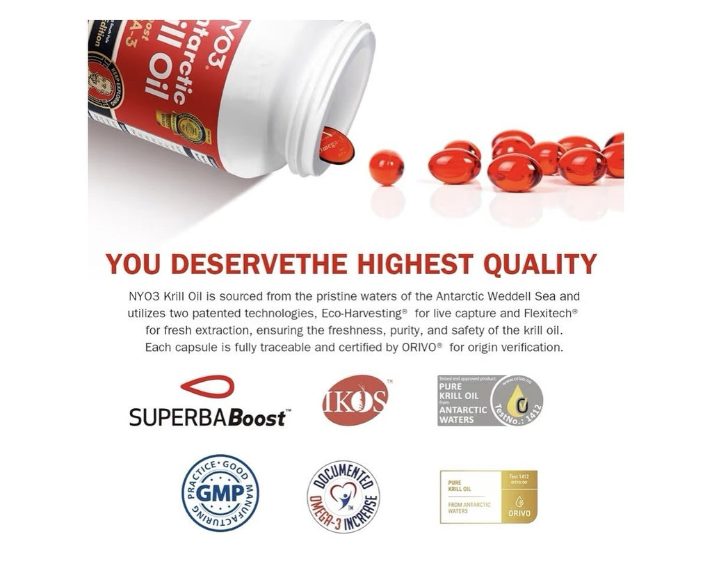 NYO3 Krill Oil Omega 3 Supplement 1000mg EPA DHA Pure Antarctic Krill 90 Softgel