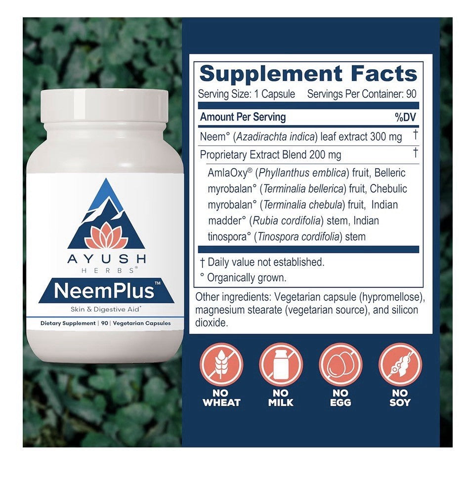 Ayush Herbs Neem Plus Skin And Digestive Aid Gut Health for Women & Men 90 Caps