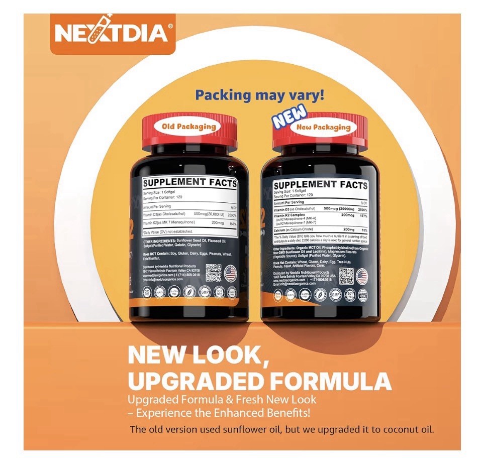 2 Pack Nextdia Liposomal D3 + K2 (MK4 & MK7) + Calcium Bone Muscle Circulation