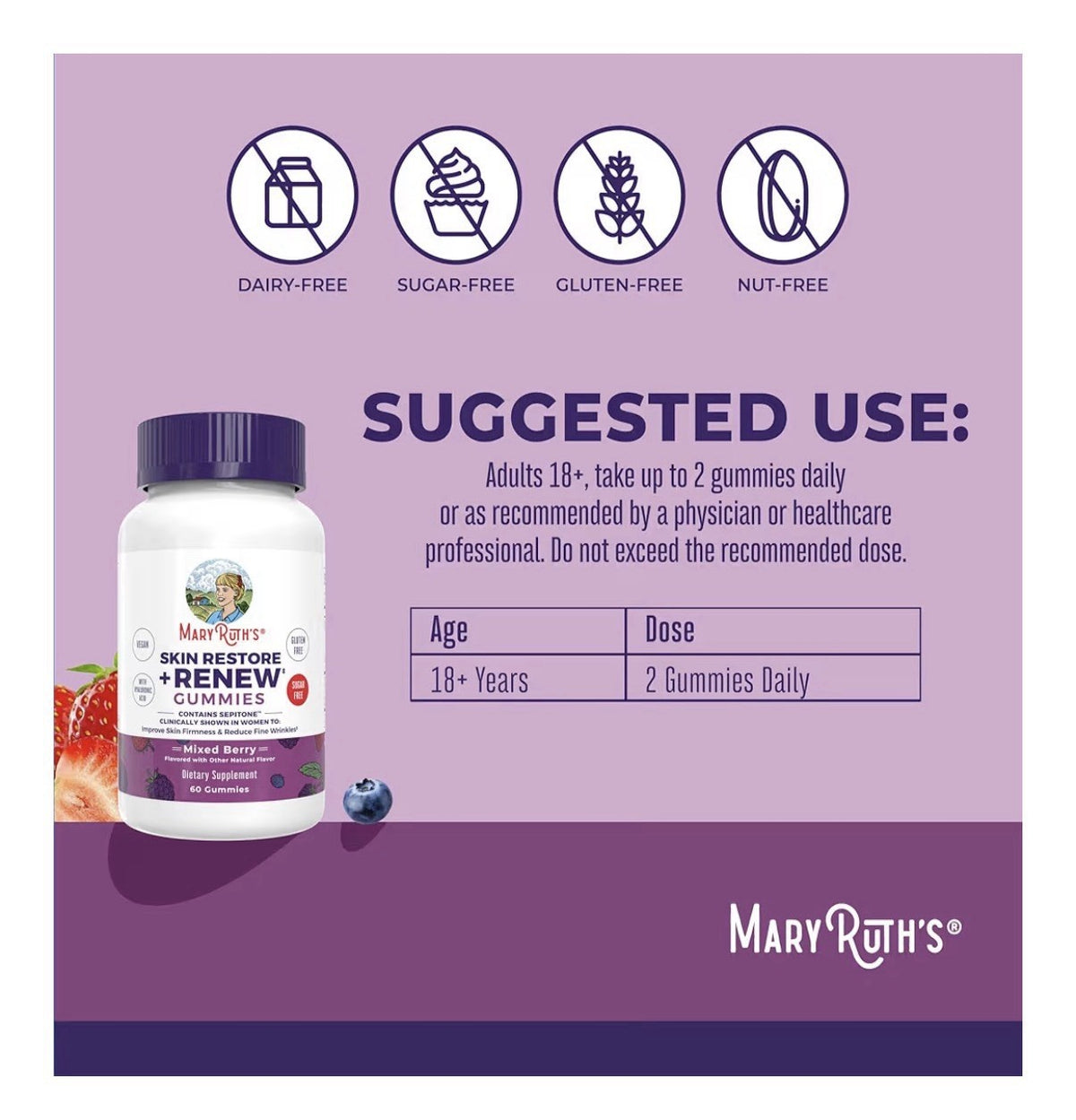 MaryRuth's Skin Restore + Renew Gummies With Hyaluronic Acid Skin Hydration 60g