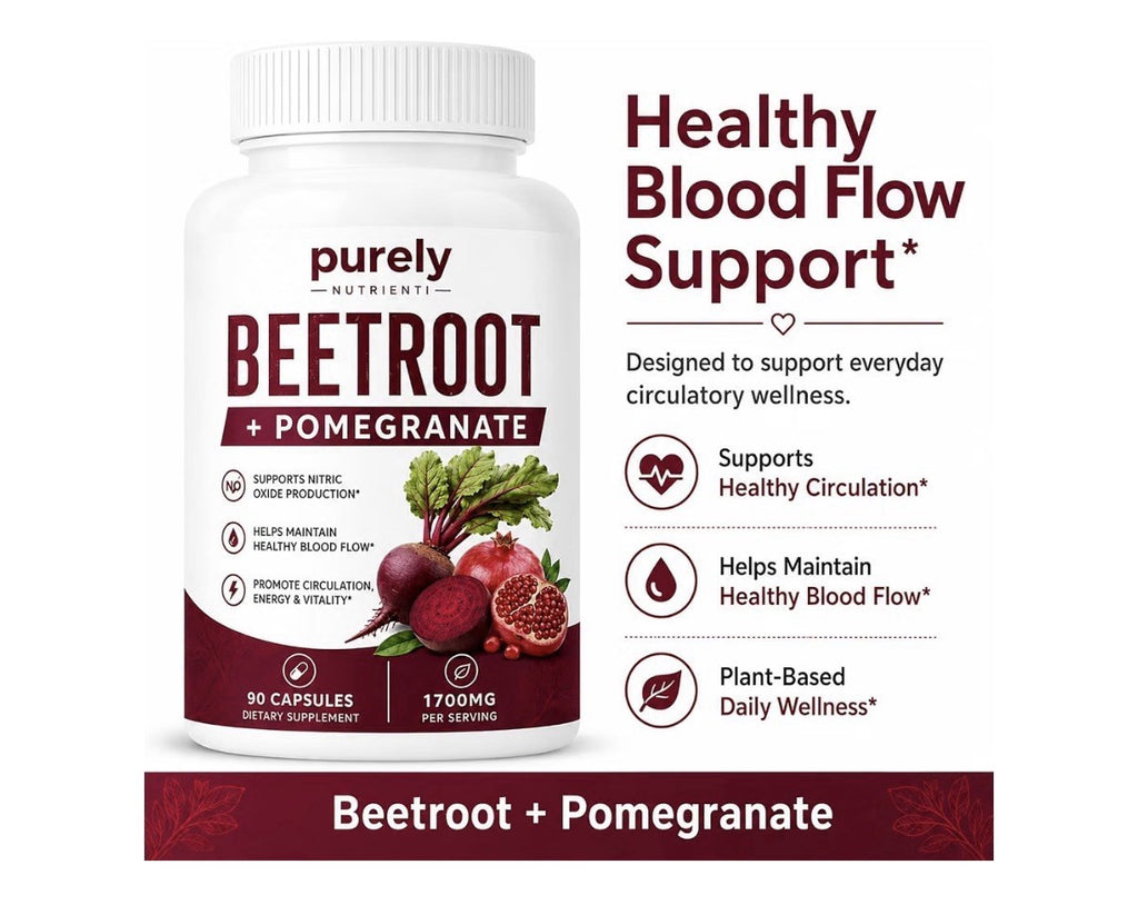 Purely Nutrient Beetroot + Pomegranate Nitric Oxide Production Blood Flow 90caps