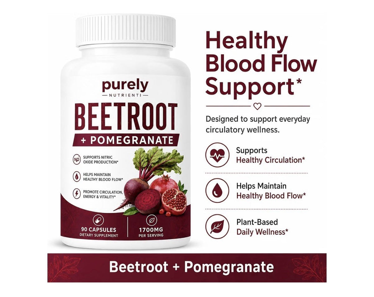 Purely Nutrient Beetroot + Pomegranate Nitric Oxide Production Blood Flow 90caps