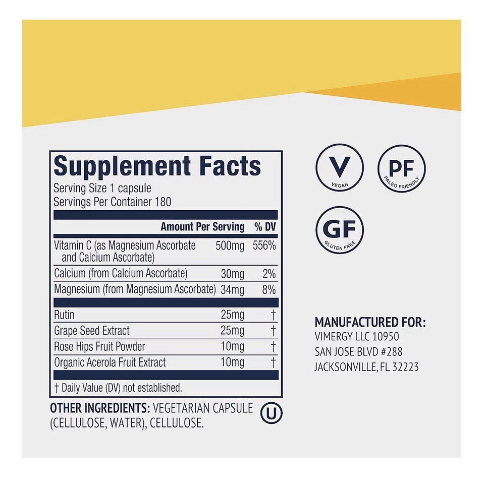 Vimergy Micro-C Vitamin C Capsules 500mg per Capsule Bones Immune Support 90caps