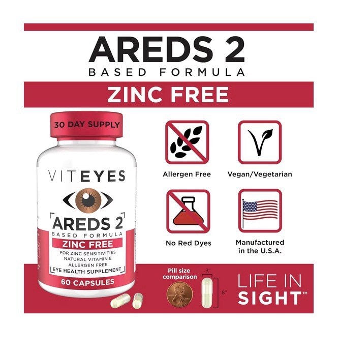 Viteyes AREDS 2 Zinc Free Macular Support Allergen Free Eye Vision Health 60caps