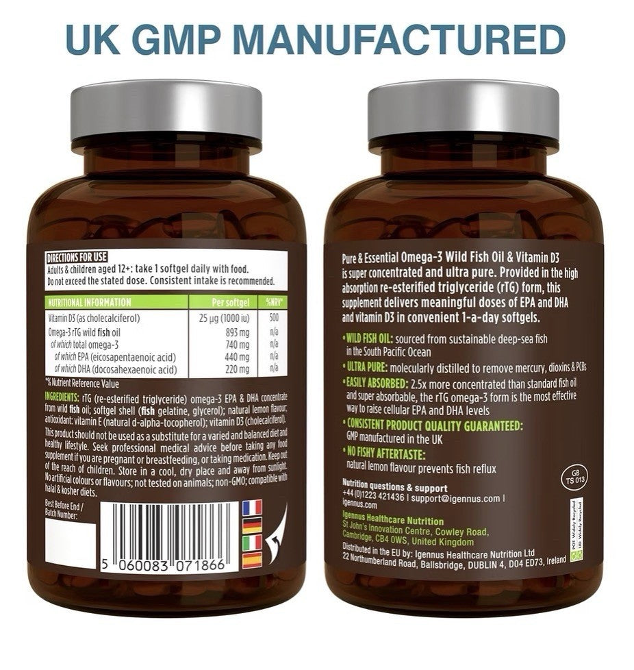 Igennus Healthcare Nutrition rTG Omega-3 Wild Fish Oil Vitamin D3 EPA DHA 180sg