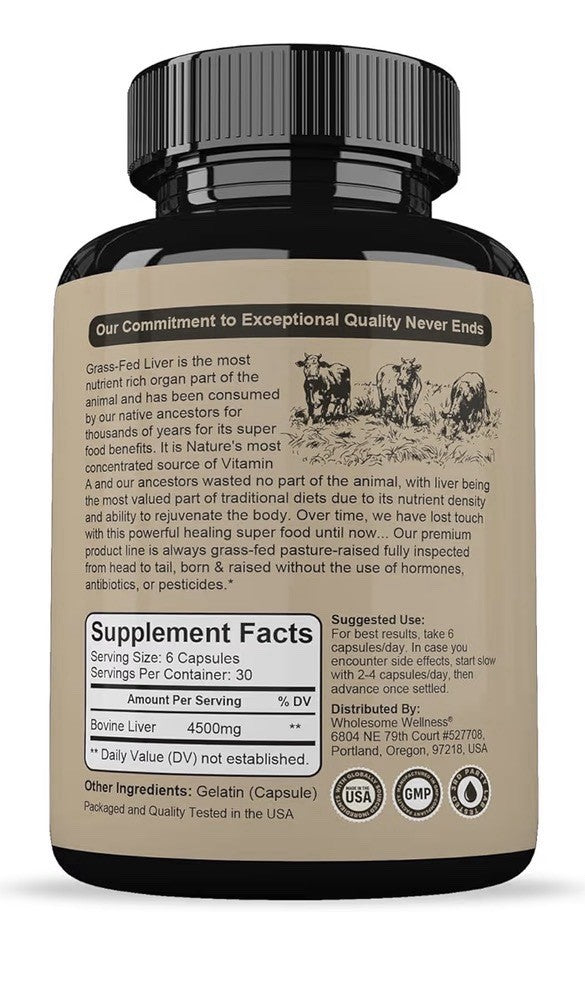 Wholesome Wellness Grass Fed Beef Liver Pasture Raised 180 Capsules