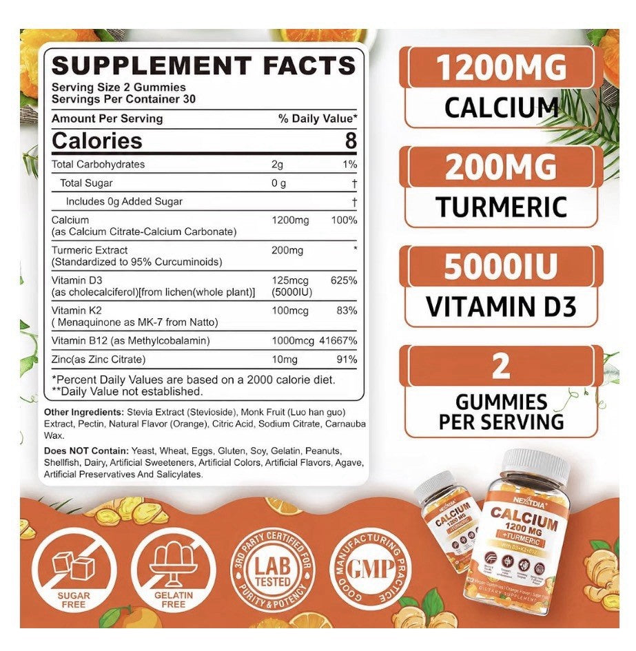 Nextdia Calcium 1200 MG + Turmeric With Vitamin D3 + K2 + B12 60 Gummies