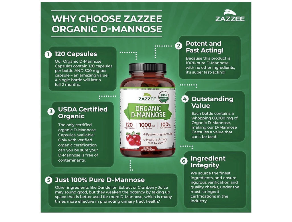 Zazzee Organic D-Mannose 1000 mg Urinary Tract Bladder Support 120 Veg Capsules