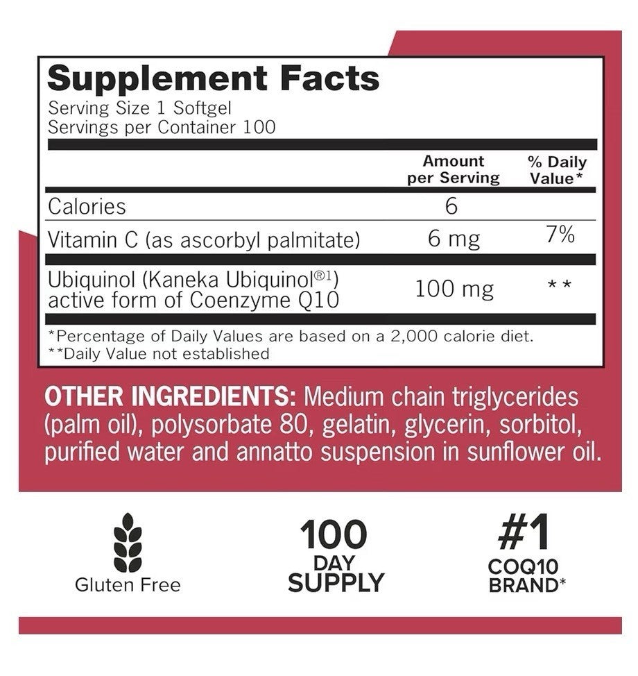 Qunol Mega CoQ10 Ubiquinol 100mg CoenzymeQ10 Antioxidant Heart Health 100softgel
