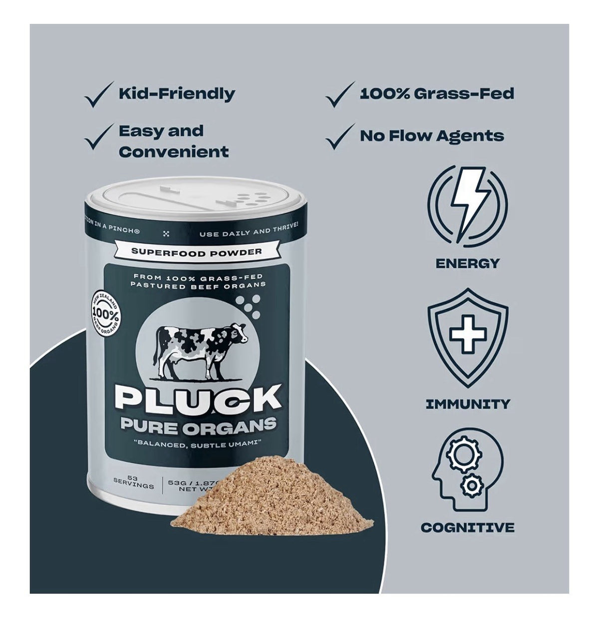 Pluck Pure Organ Beef Powder Grass-Fed Pastured Beef Organs 53 Servings