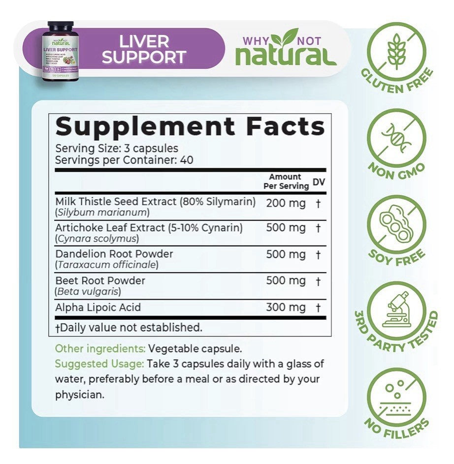 Why Not Natural Liver Support Detox Cleanse 5in1 Liver Health Supplement 120Caps