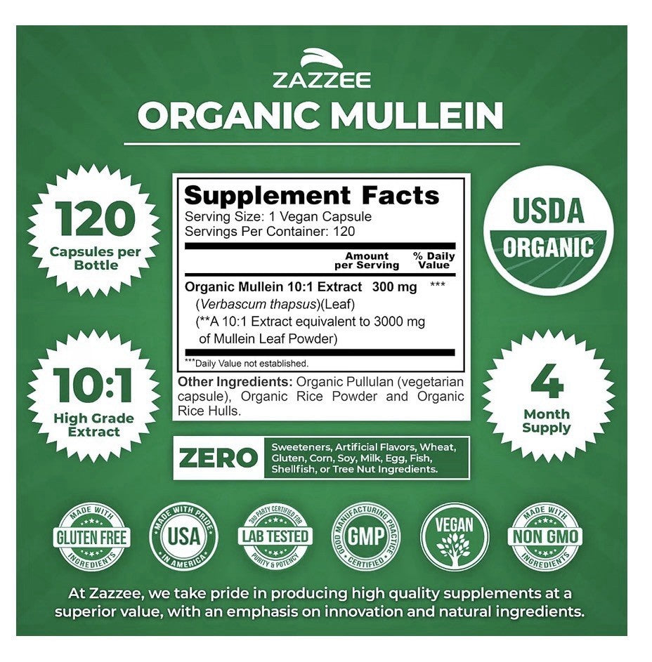 Zazzee Organic Mullein Leaf Support Healthy Respiratory Immune 4 Month Supply
