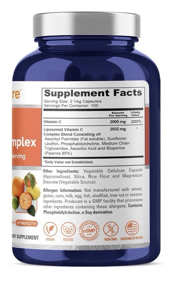 NusaPure Liposomal Vitamin C 2032mg Per Serving 200 Veg Capsules 100 Servings