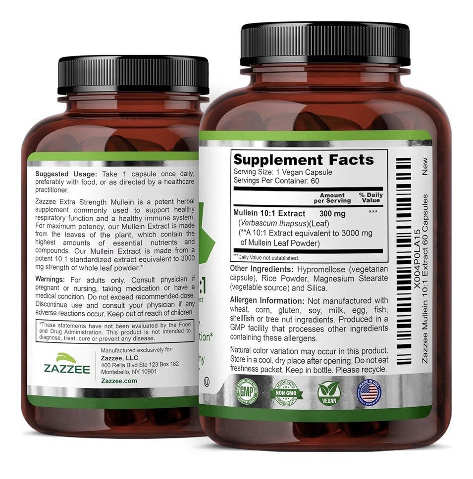 Zazzee Mullein Leaf Support Healthy Respiratory Lung Immune 2Month Supply 60caps