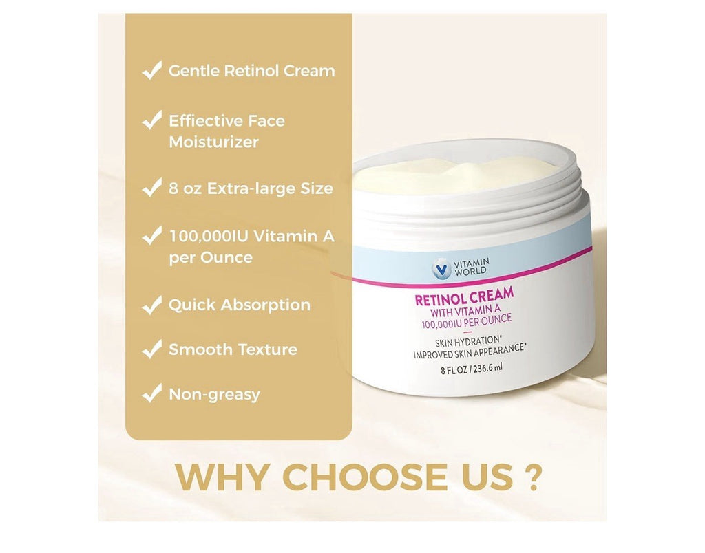 Vitamin World Retinol Cream with Vitamin A Face Moisturizer Skin Hydration 8 oz