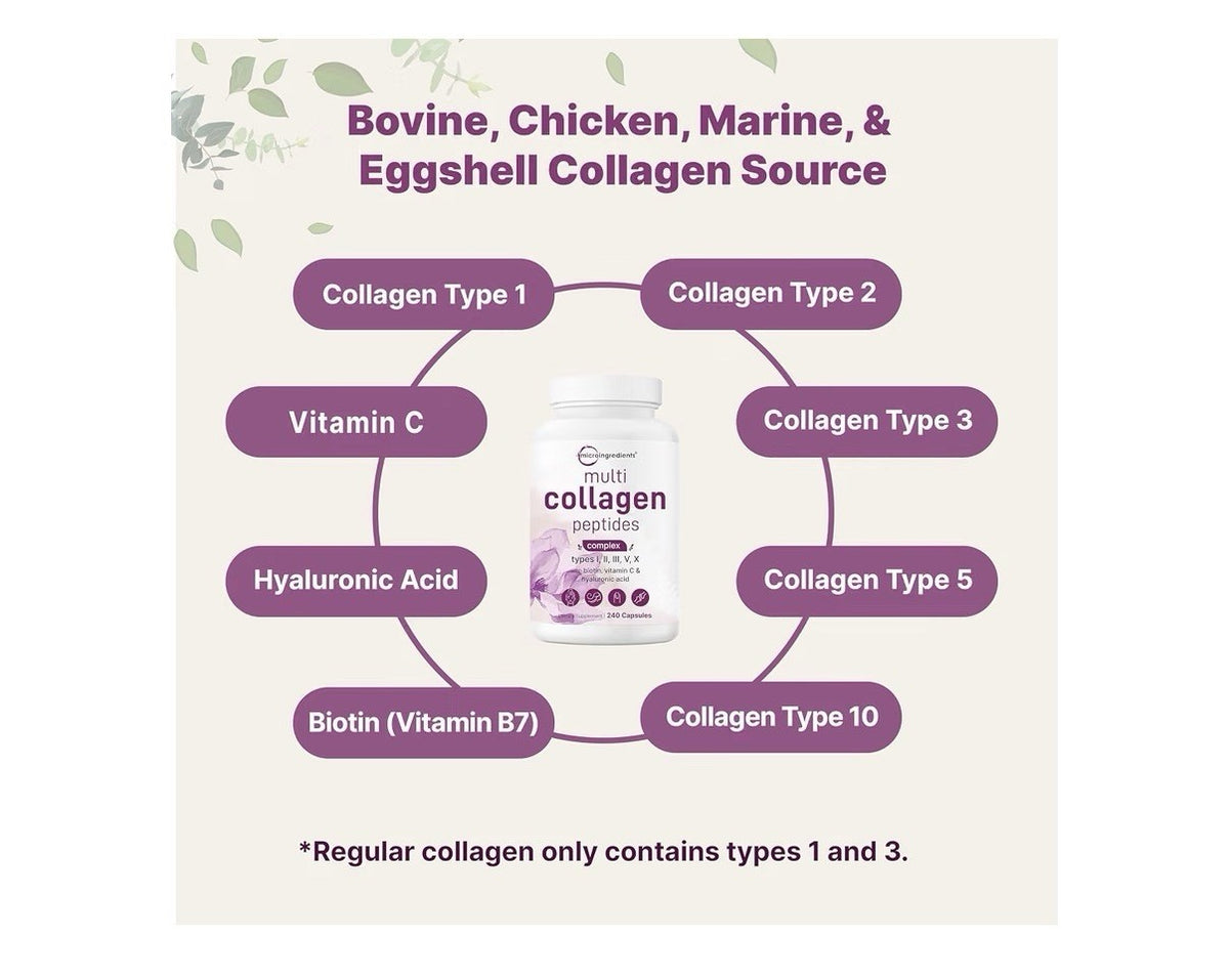 Micro Ingredients Multi Collagen Peptides Complex Type I, II, III, V, X 240 Caps