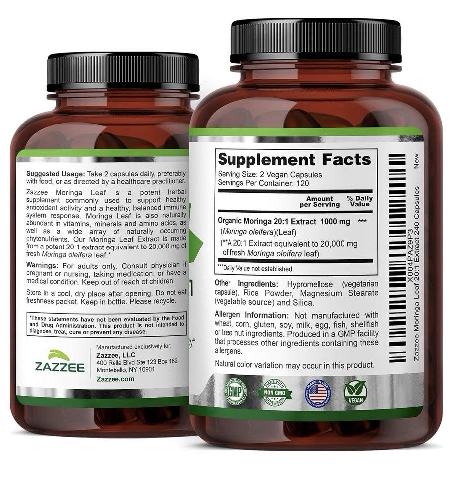 Zazzee Organic Moringa Leaf Antioxidant Rich Source of Phytonutrients 240capsule